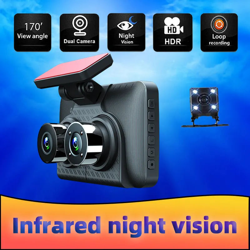 Black 4-inch touch screen car dash cam with wide-angle lens for 1080p HD and night vision recording
