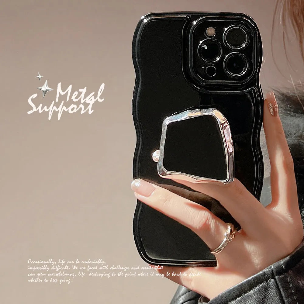 Black metallic TPU phone case with dark bracket and wave pattern for Apple iPhone