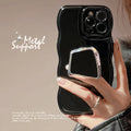 Black metallic TPU phone case with dark bracket and wave pattern for Apple iPhone