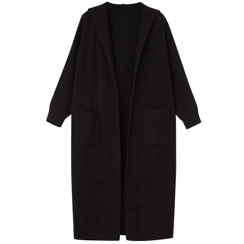 Long grey knitted cardigan coat with hood and trench coat design