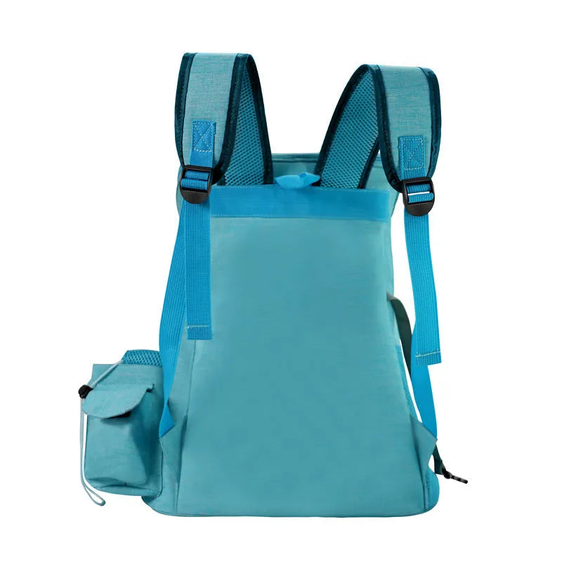 Blue foldable nylon pet backpack for cats and small dogs, size L, sitting on a flat surface