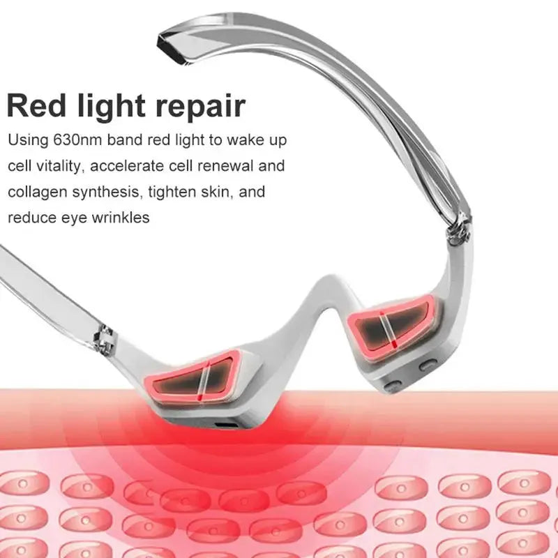 Pink and white micro-current eye massager with glasses-style design on a stand.