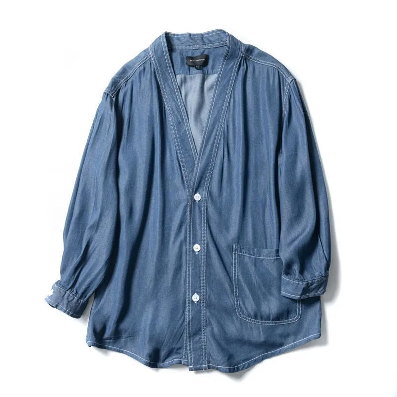 Men's dark blue V-neck denim coat with three-quarter sleeves and loose casual fit