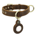 Brown handmade leather dog collar with halter positioning and retro styling