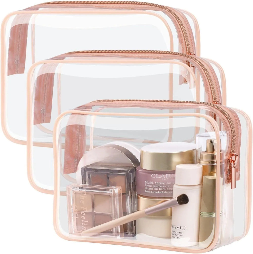 Semi-transparent PVC makeup bag in black, pink, or white colour, shown in L and XL sizes.