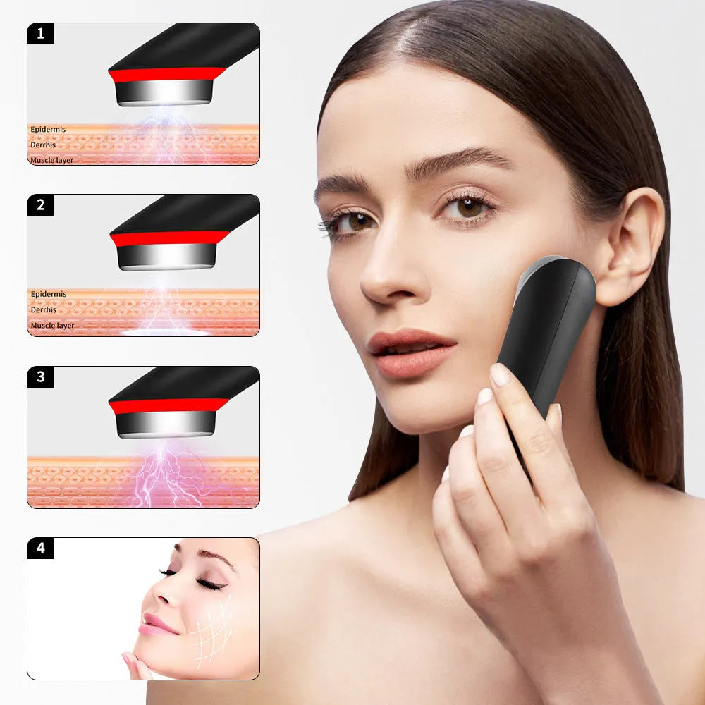 Black portable eye massager unit with light therapy and vibration functions on a neutral background.