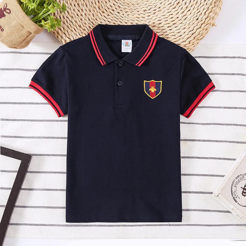 Boys' short sleeve cotton T-shirt with lapel collar in solid colours for ages 3-8 years