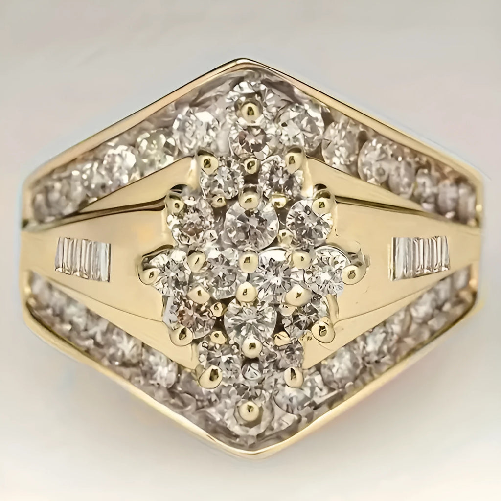 Gold electroplated copper geometric palace style ring shown in sizes 6 to 10