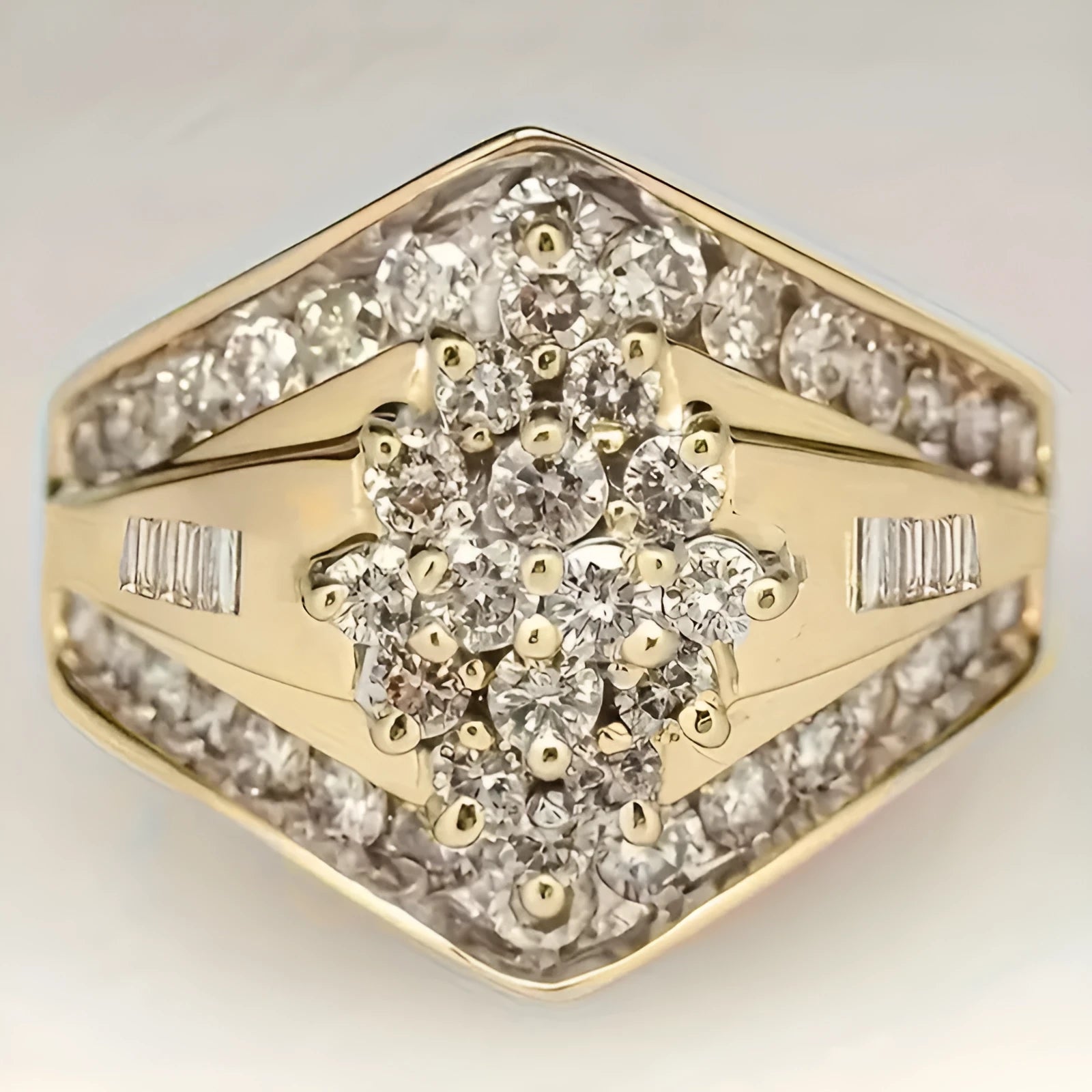 Gold electroplated copper geometric palace style ring shown in sizes 6 to 10