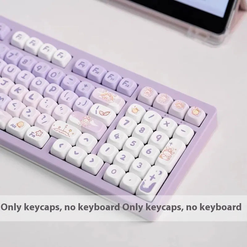 PBT gradient purple rabbit themed mechanical keyboard key caps on a keyboard