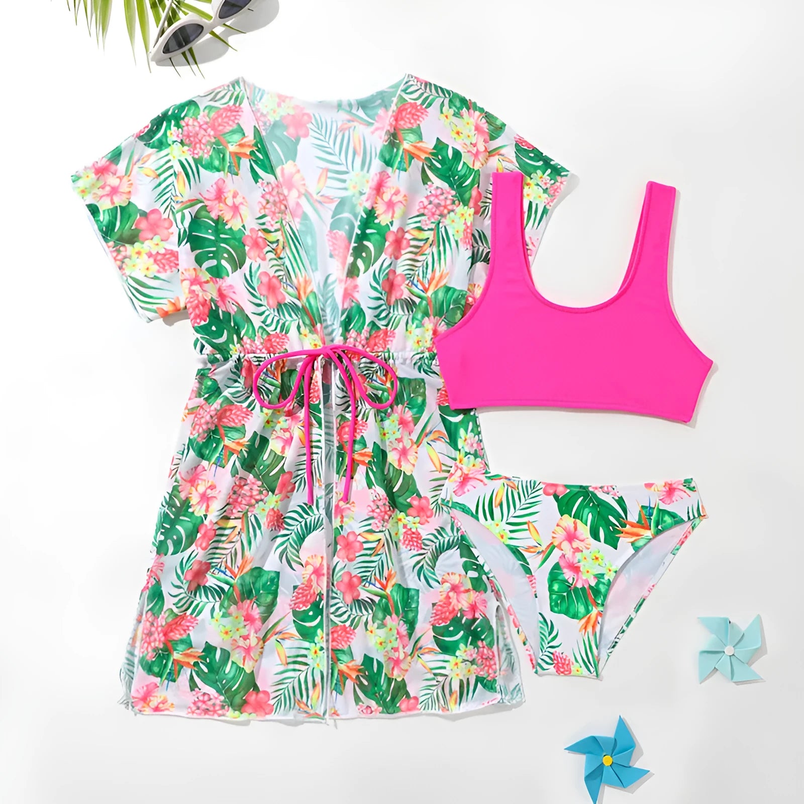 Girls' floral two-piece swimsuit in Korean style, sizes 130cm to 160cm.