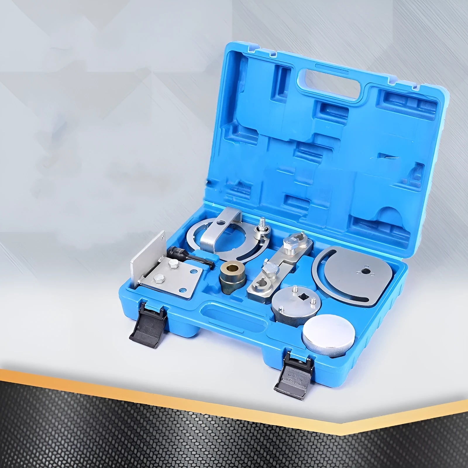 Volvo engine timing special tool set with carbon steel construction, 8 pieces including timing tool.