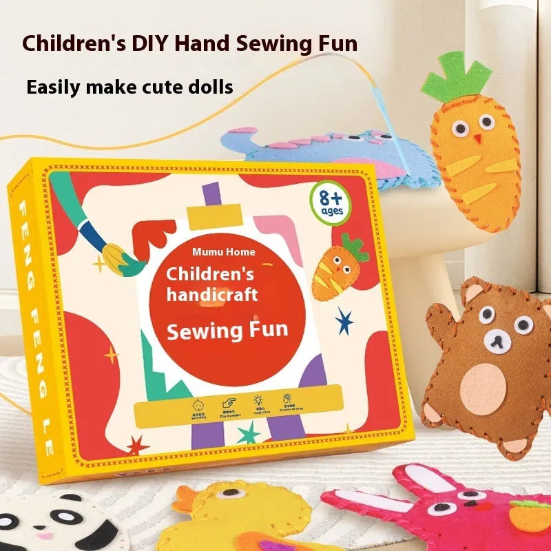 Children's non-woven cloth sewing kit with animal six models, needle, thread, and silver beads in a colour box