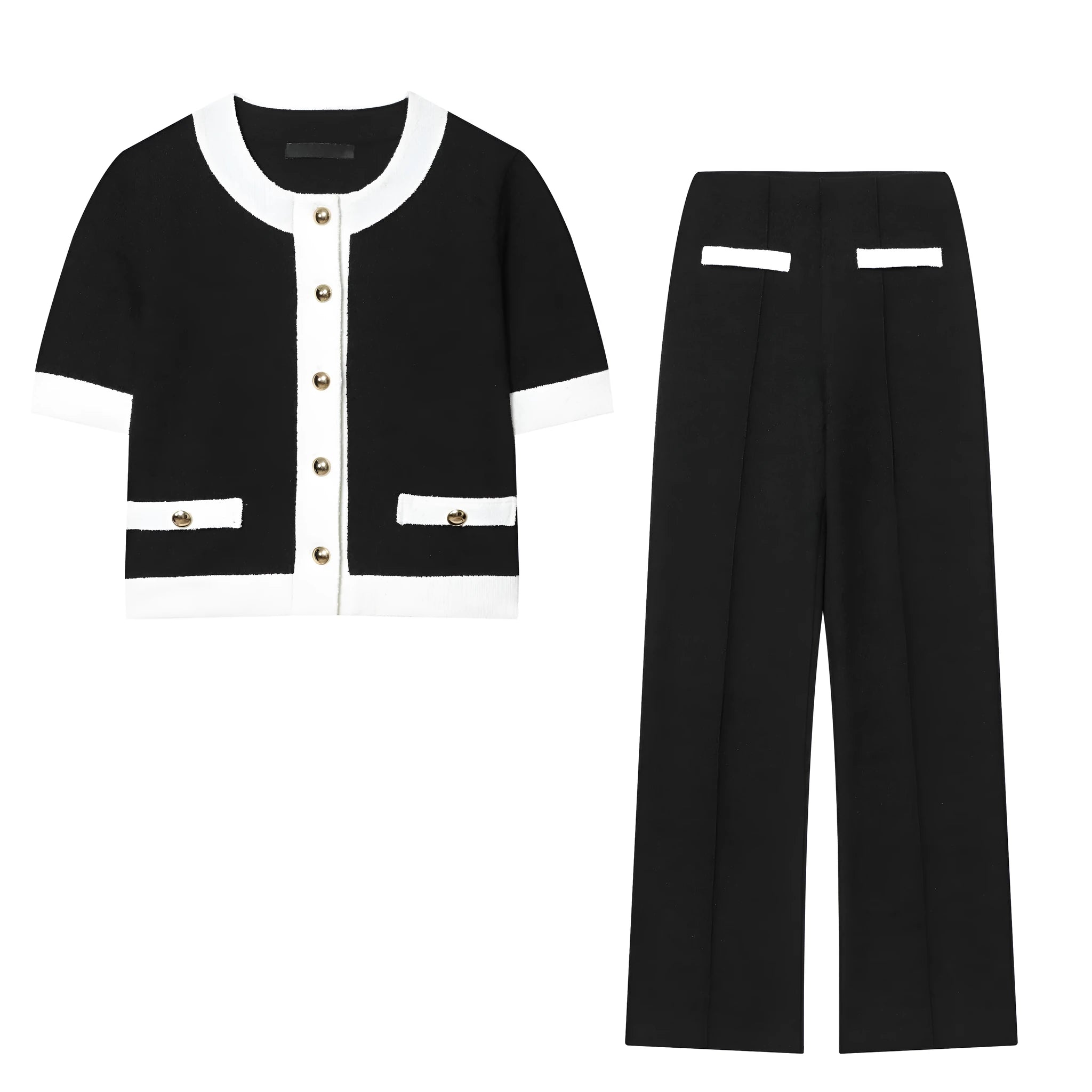 Women's beaded leather-look top and high-waisted trouser two-piece suit set in contrasting colours.