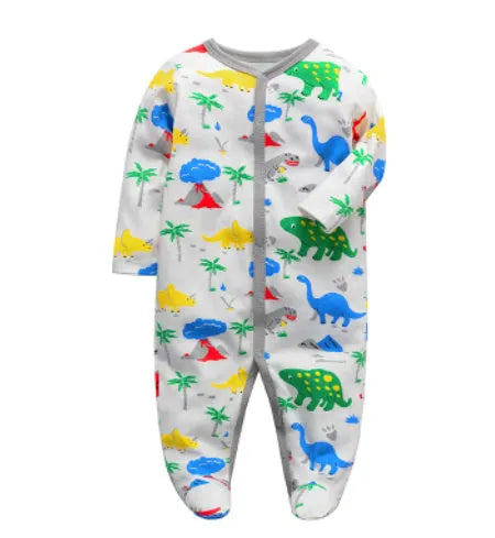 A soft cotton baby one-piece garment featuring a dinosaur print, shown on a hanger.