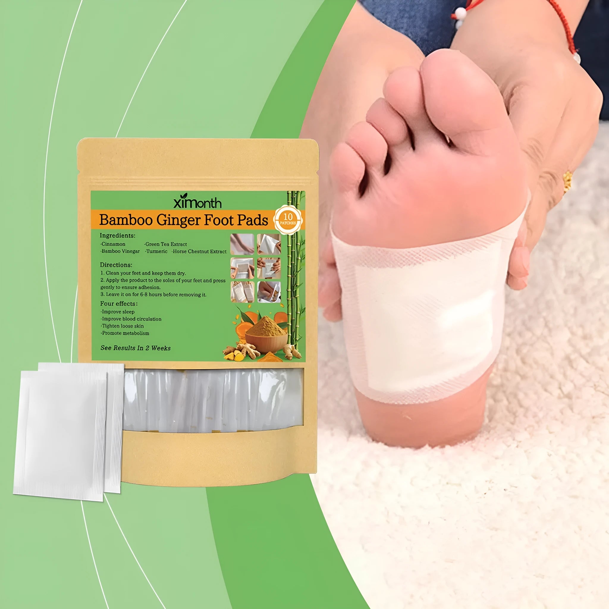 Pack of ten adhesive health patches with natural herbal ingredients including ginger and turmeric