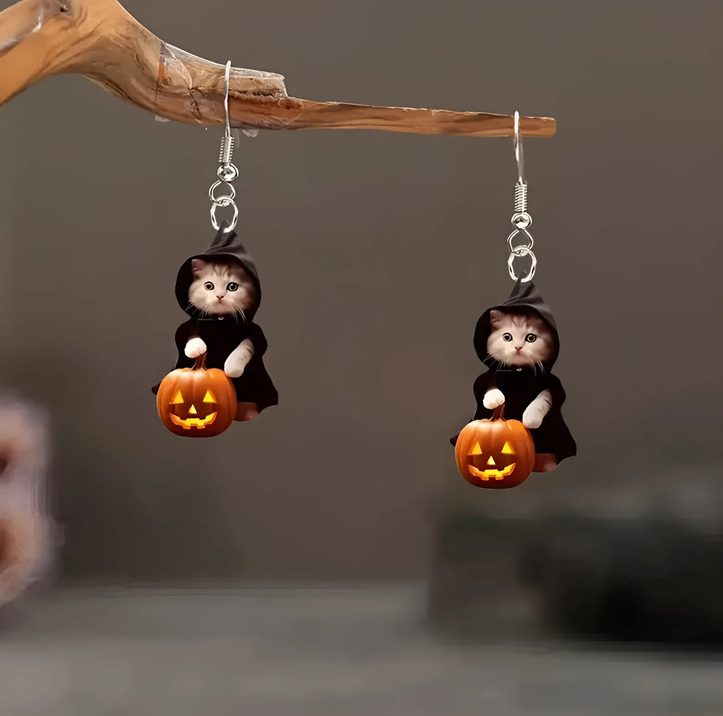 Handmade acrylic cat pumpkin earrings in Christmas style for women