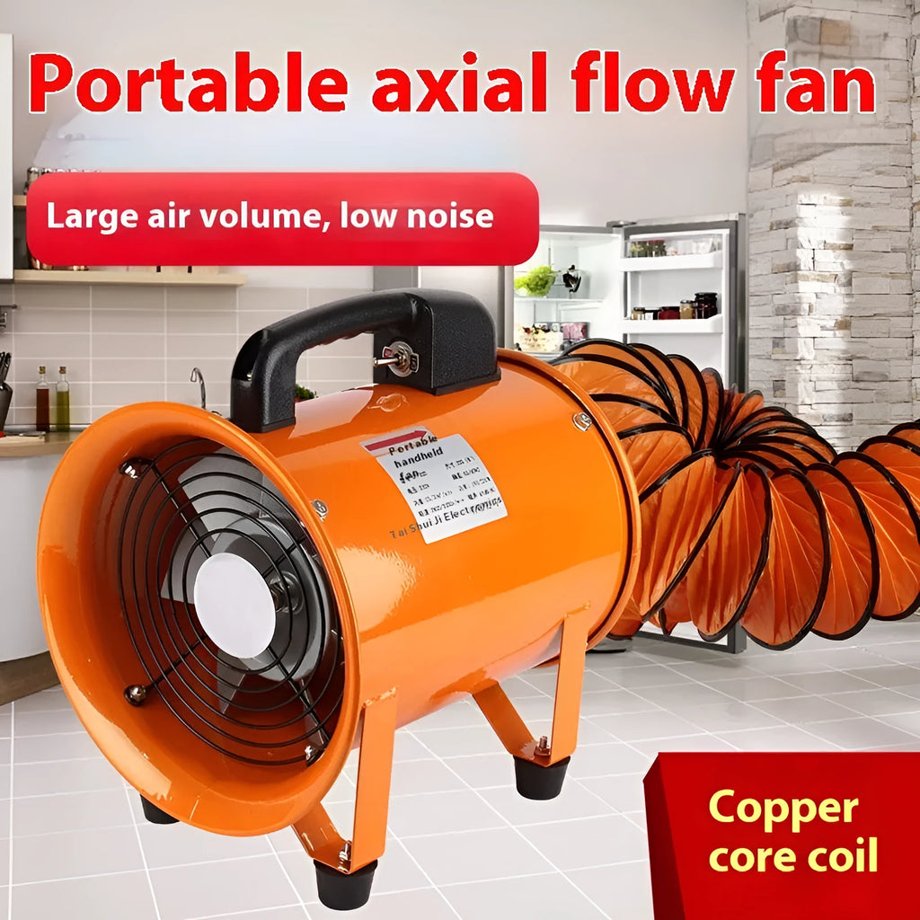 Portable 8-inch axial flow fan with titanium steel construction and 5-metre flexible air duct