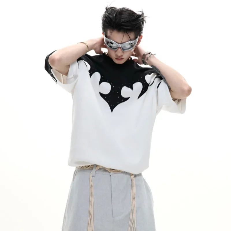 Men's loose grey cotton T-shirt with detailed 3D burnt-flower embroidery and rhinestone decoration on the chest