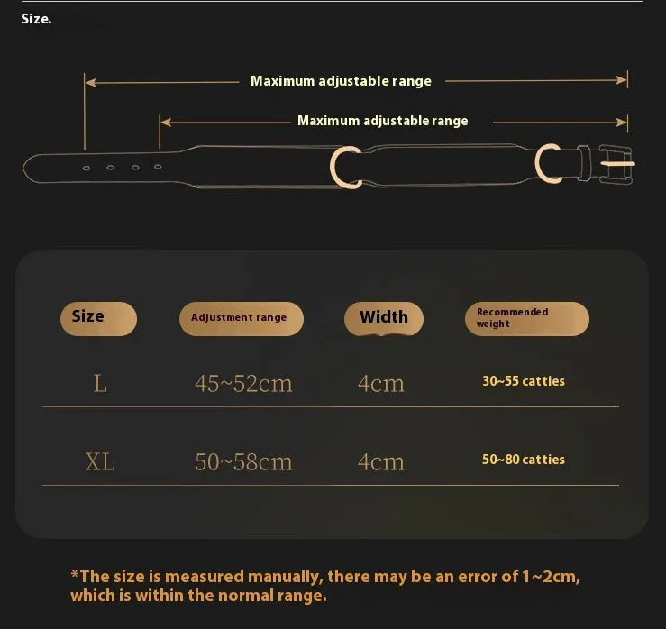 Leather dog collar with metal rivets in black, shown on a size chart with chocolate and pink colour options.