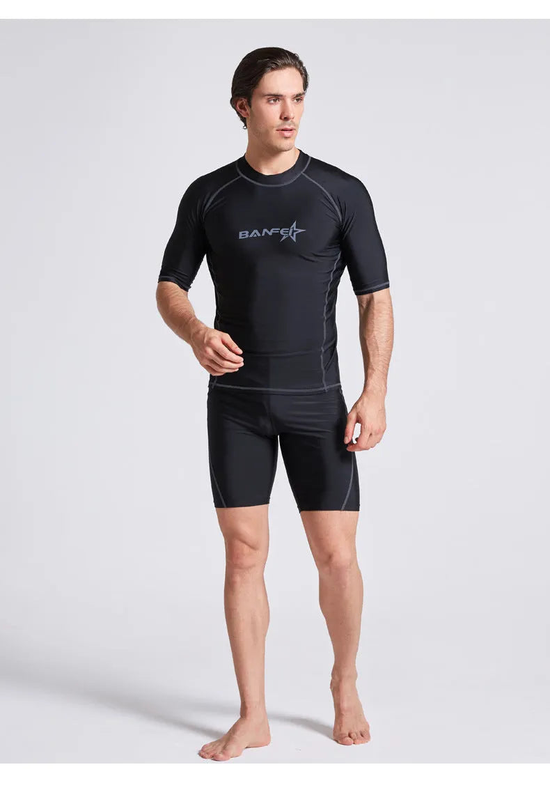 Men's quick-drying half sleeve nylon wetsuit set for swimming and surfing in blue