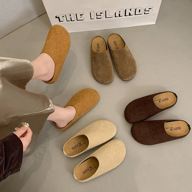 Boken Korean-style flat outdoor slippers in apricot, slip-on design with square toe and microfiber upper.