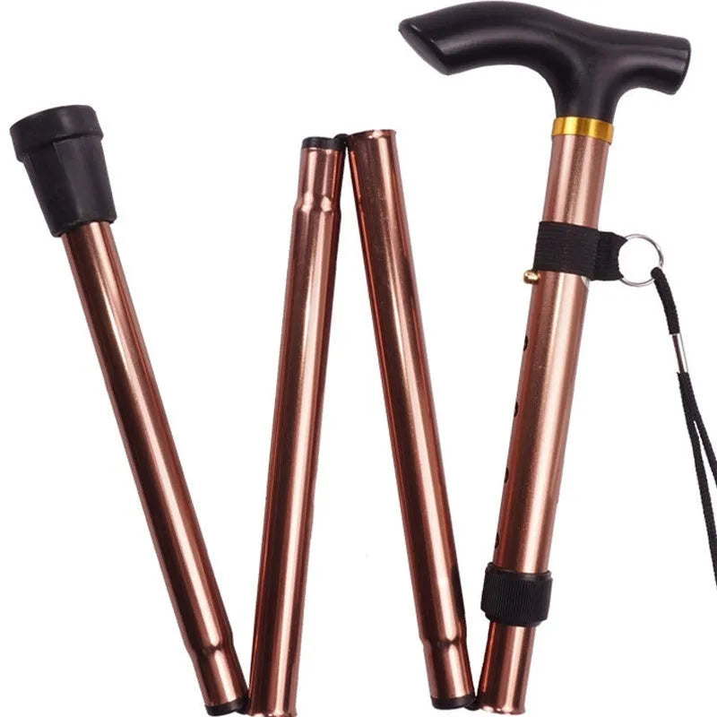Aluminium alloy folding walking cane extended, showing adjustable sections and non-slip tip.