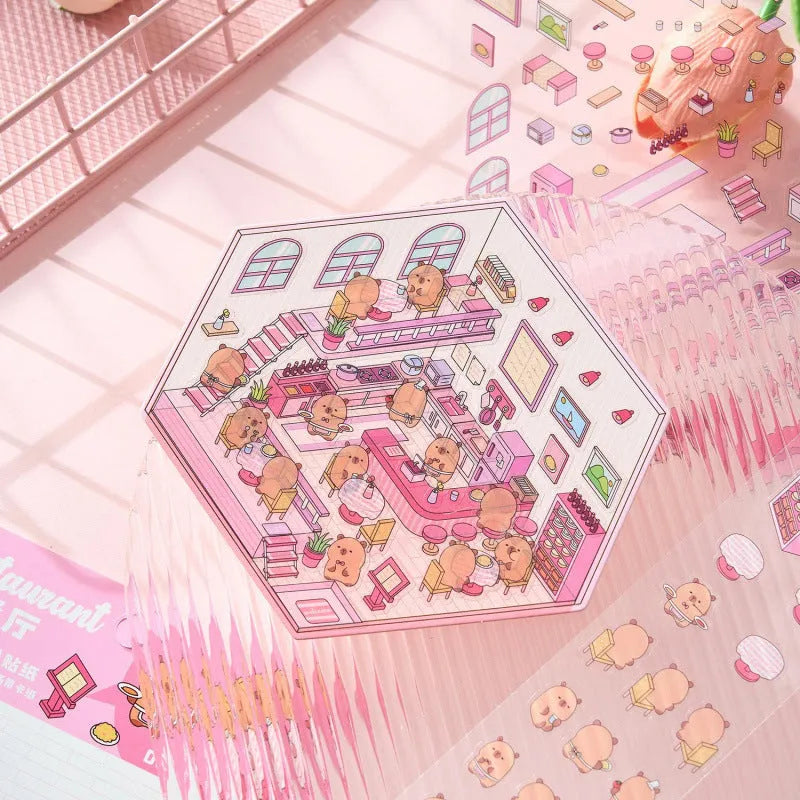 Eight themed landscaping hand account stickers including pink restaurant, yellow bakery, green hot spring, and blue fruit shop designs.