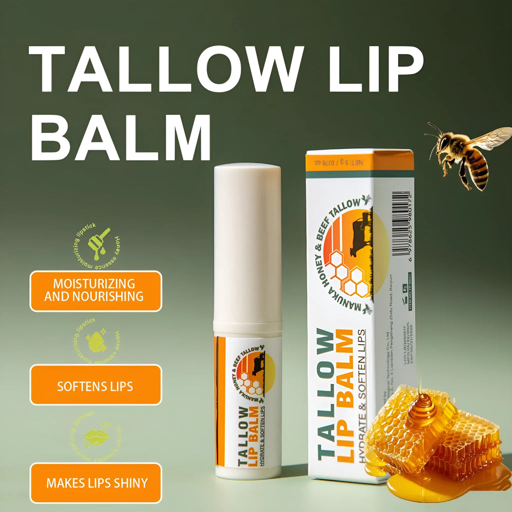 Pure tallow lip balm stick in a tube with dimensions 83mm by 19mm, containing 5g of product.