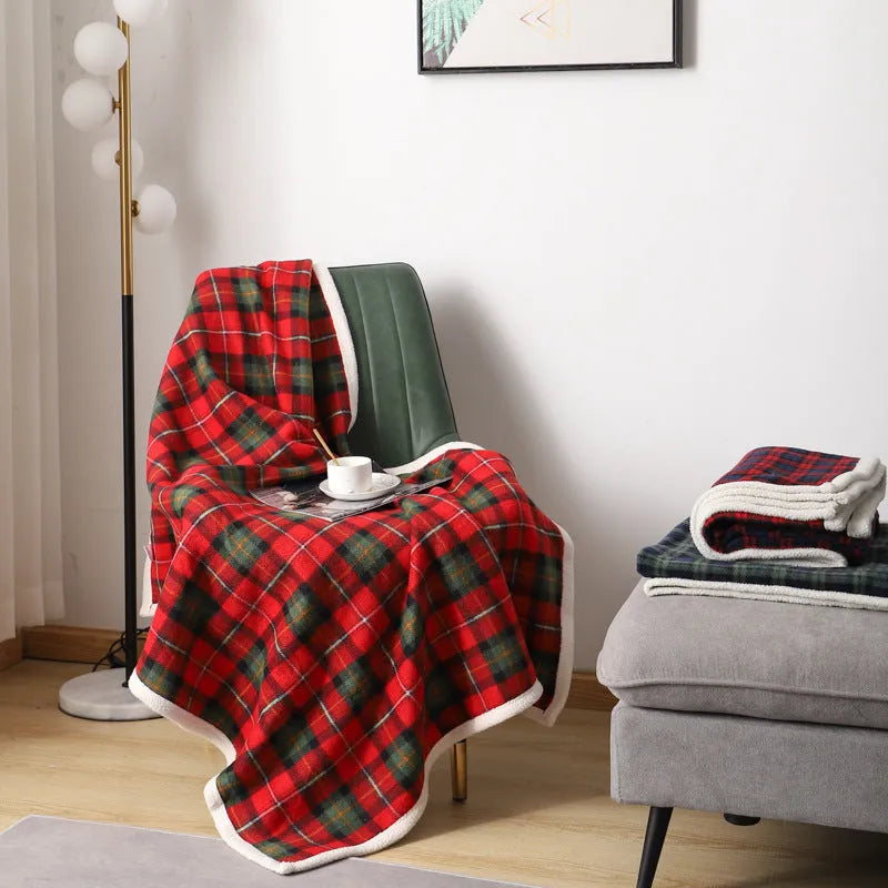 Nordic style geometric plaid blanket, polyester, 100cm x 140cm, red and blue colourway