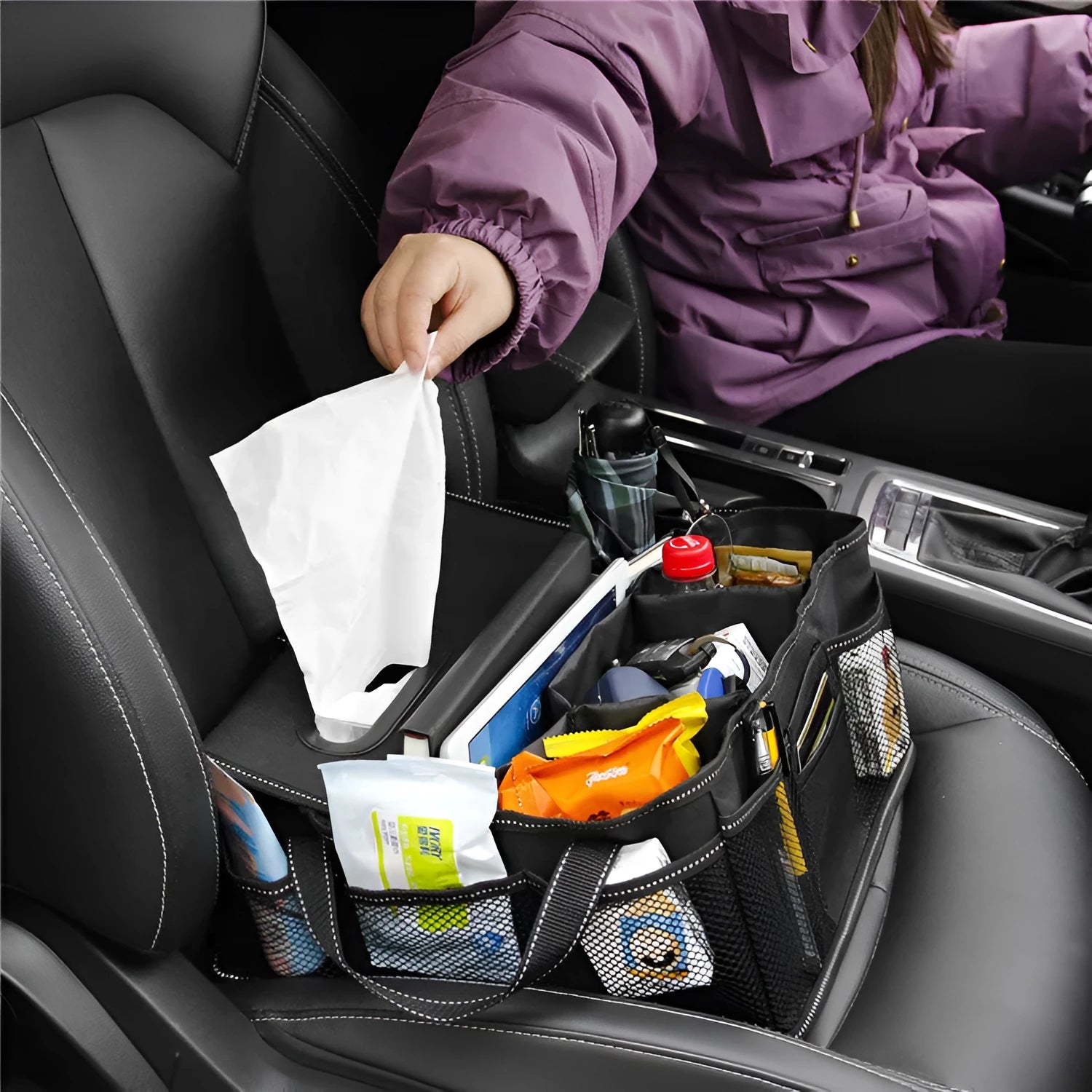 Black Oxford cloth cubic car boot storage box showing dimensions of 33cm wide by 33cm deep by 16cm high.