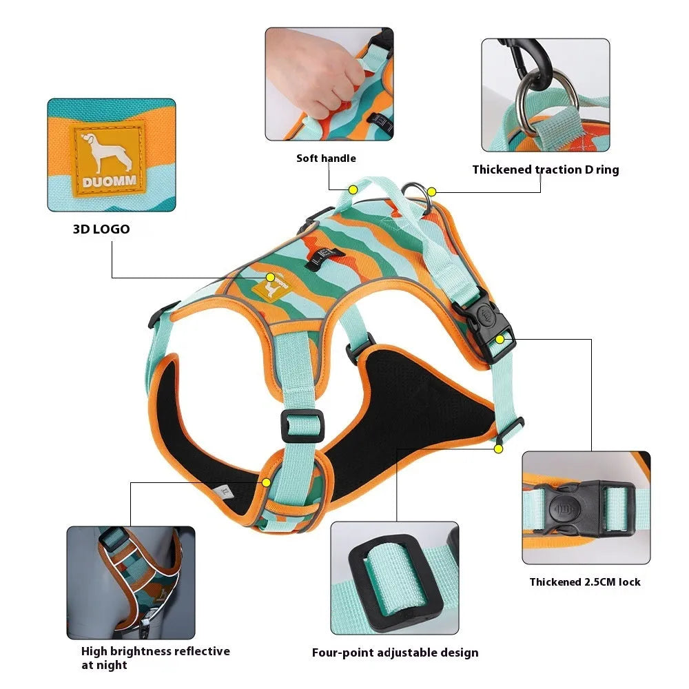 Orange oxford cloth dog harness with reflective strips and an attached hand-holding rope.