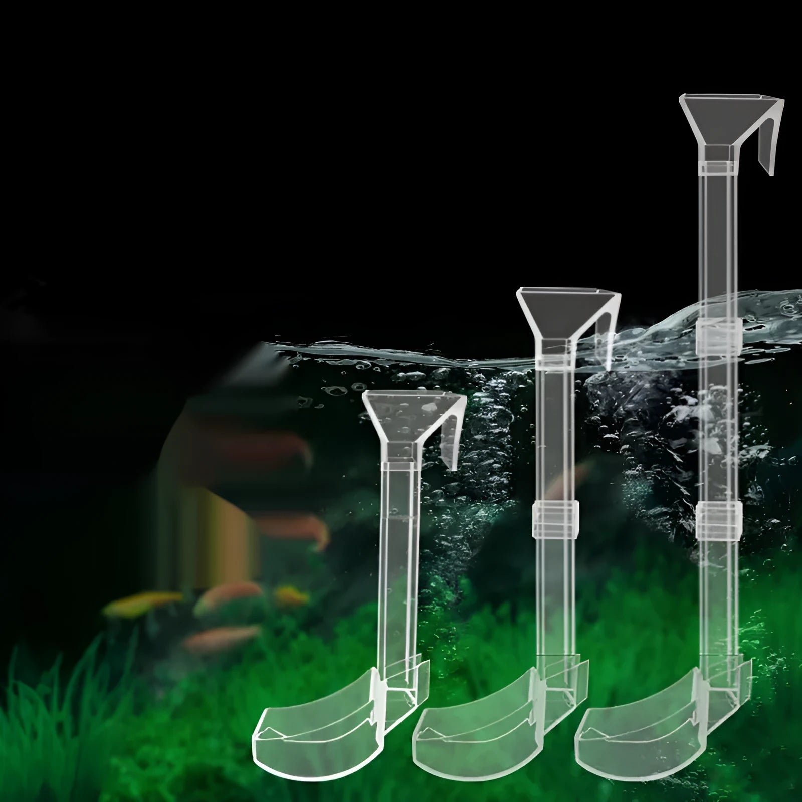 Set of three plastic aquarium feeding tubes with cleaning brushes and spoons in 17cm, 28cm, and 38cm lengths.
