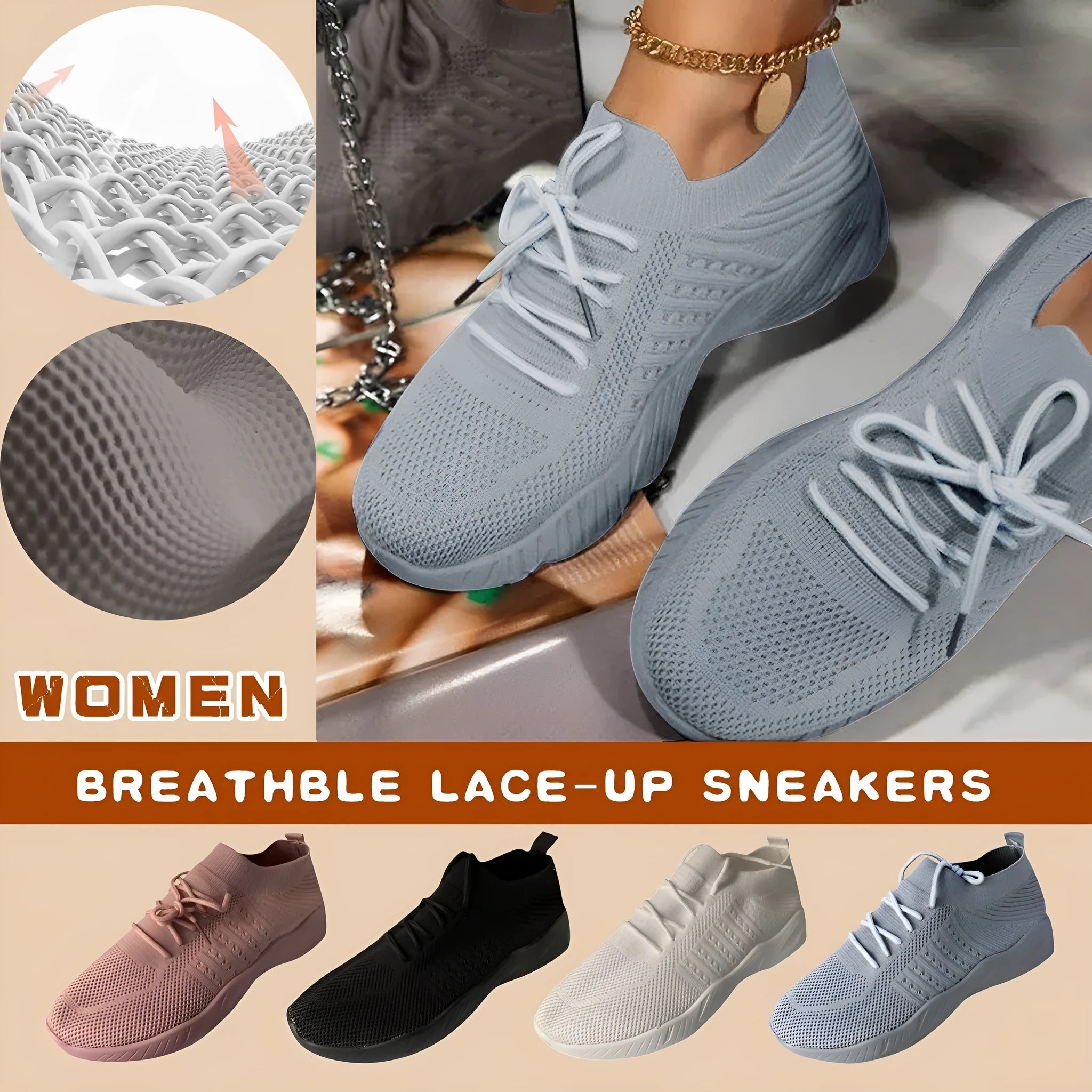 Women's solid colour lace-up flying knitted platform sneakers for outdoor walking, breathable mesh upper