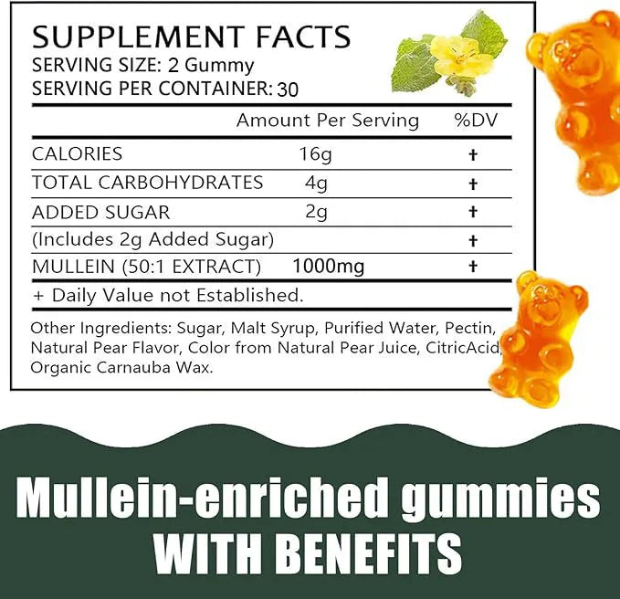 Bottle of Mullein 50:1 extract pear-flavoured vegan pectin gummies, 60 count