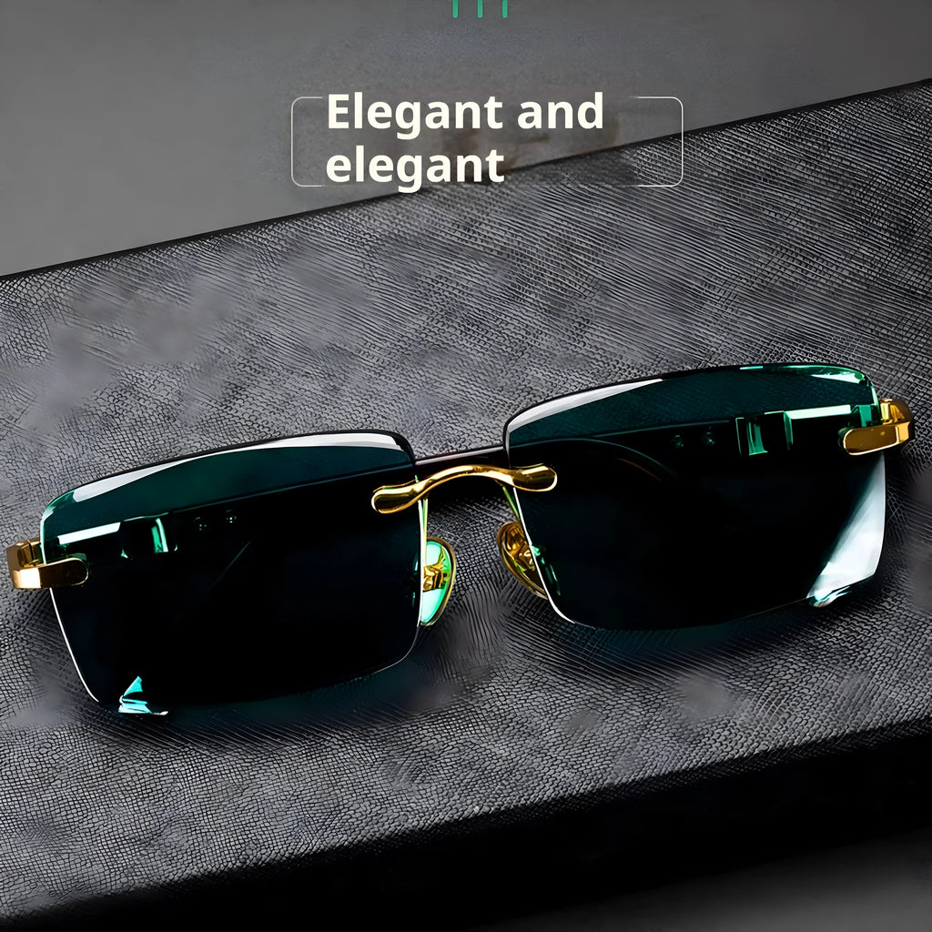 Frameless dark green crystal sunglasses with a minimalist design on a case, showcasing the tinted single-lens construction.