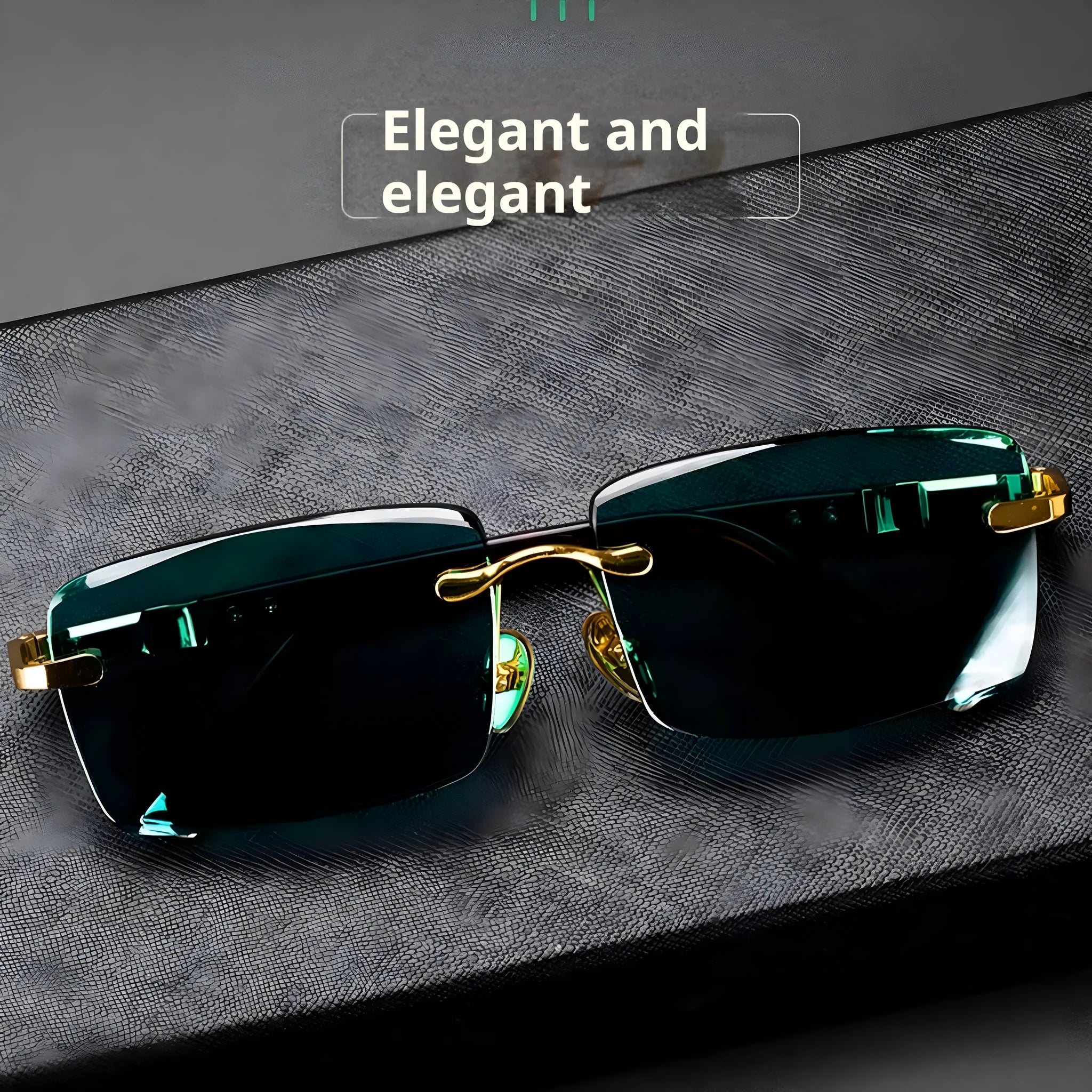 Frameless dark green crystal sunglasses with a minimalist design on a case, showcasing the tinted single-lens construction.