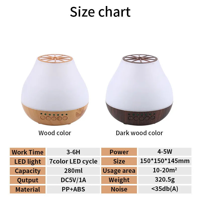 USB-powered ultrasonic essential oil aroma diffuser with colourful night light in wood grain finish