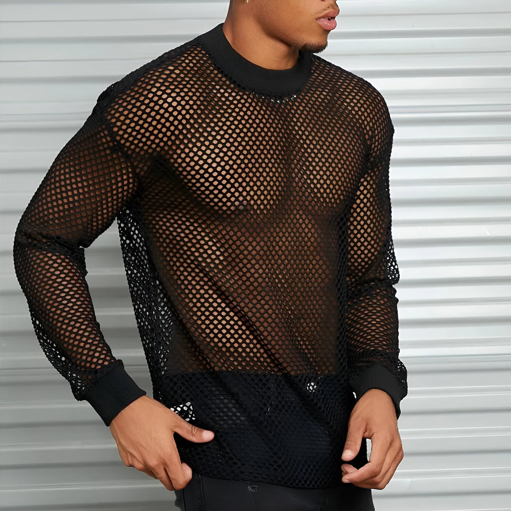 Black men's drop shoulder mesh shirt with long sleeves and loose fit casual design