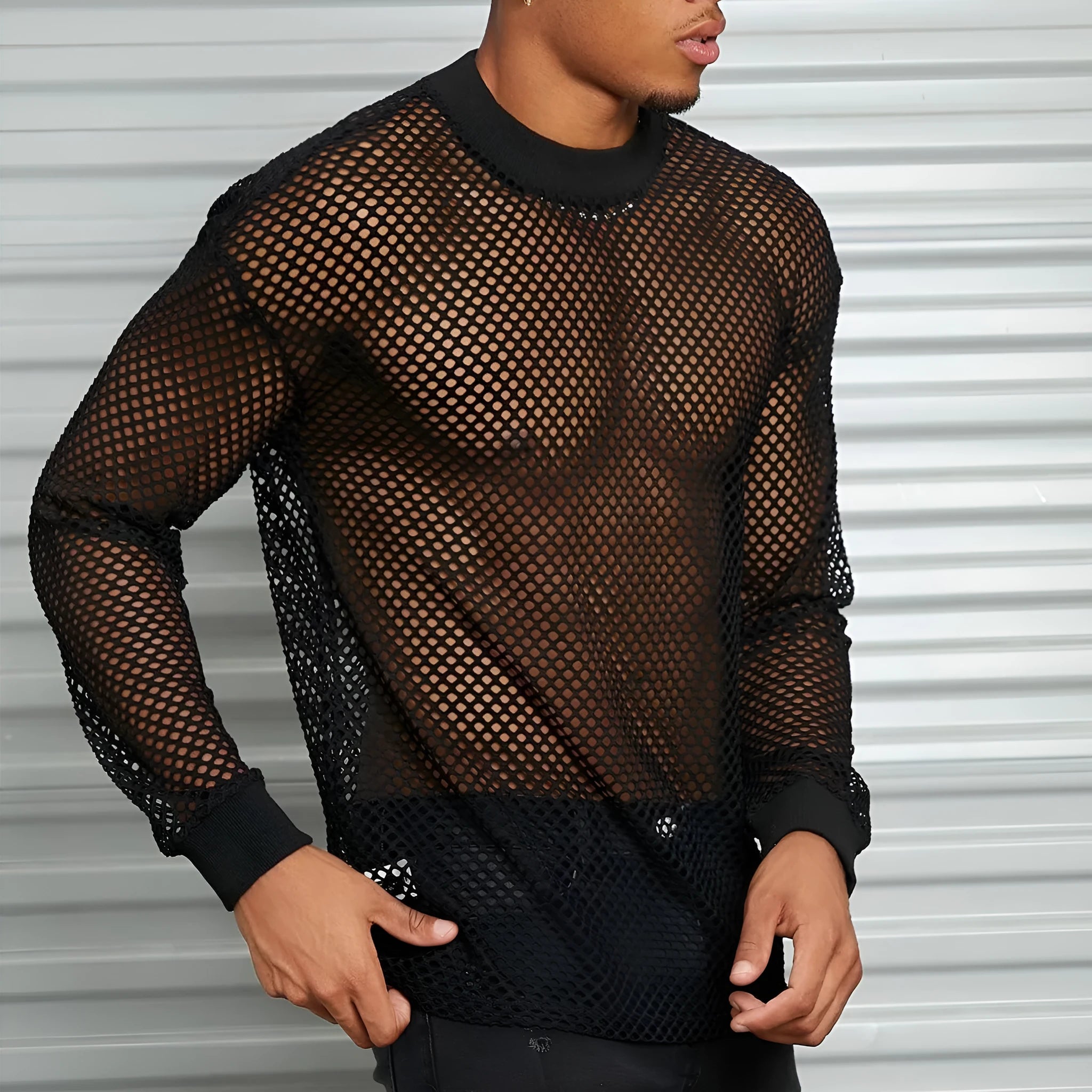 Black men's drop shoulder mesh shirt with long sleeves and loose fit casual design