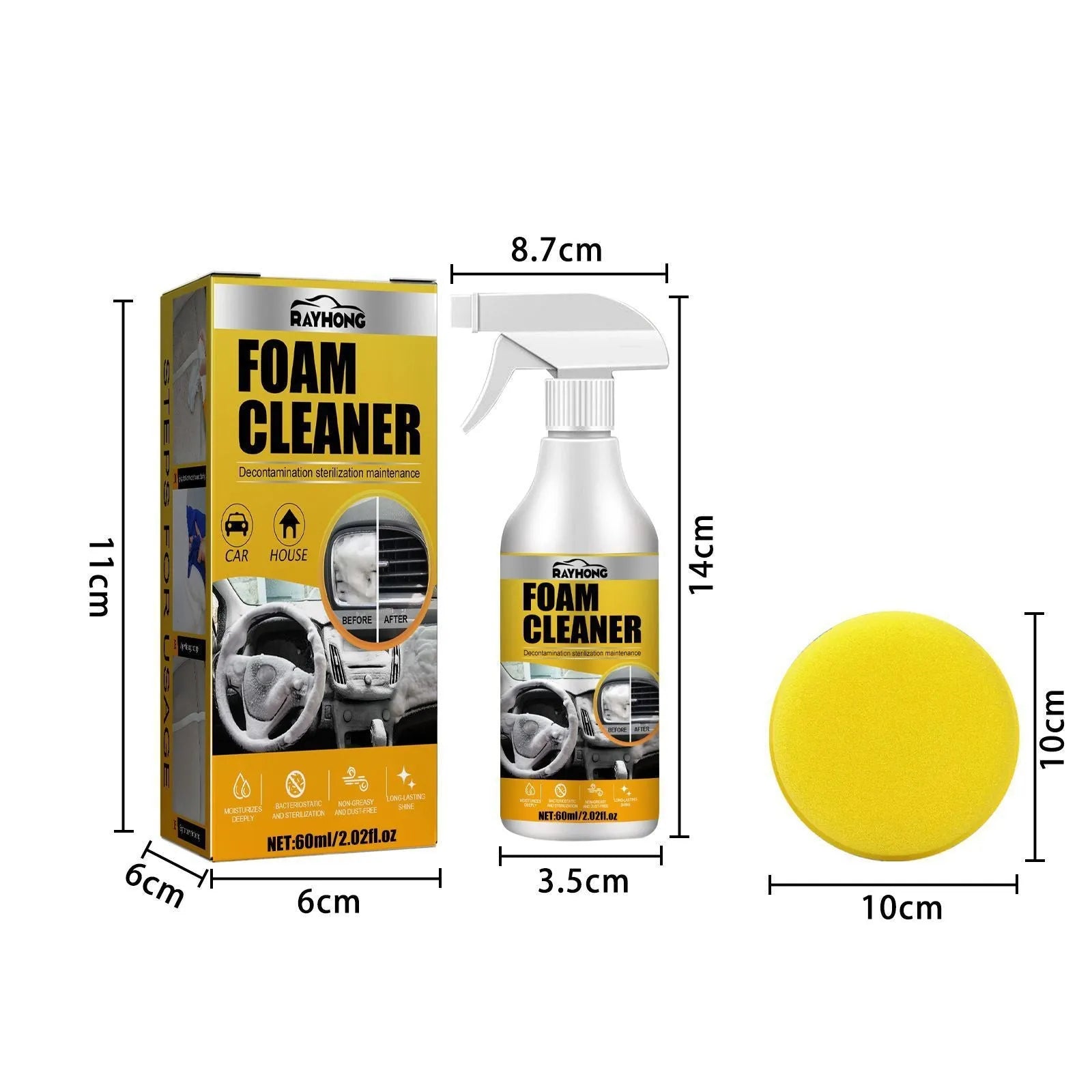 60ml car interior foamed cleaner with application sponge in 6x6x11cm packaging