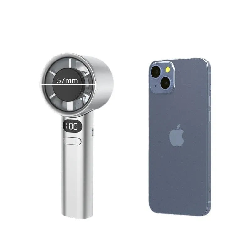 Handheld USB fan with variable speed control in white, silver, khaki, or green colours