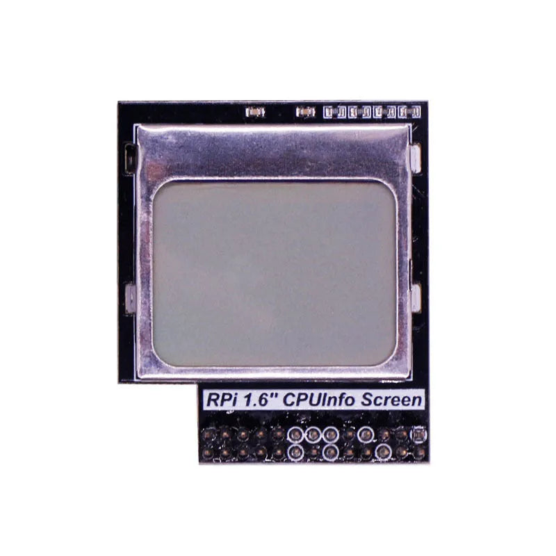 Raspberry Pi 1.6-inch LCD display module showing CPU data, with visible backlight switch on the side.