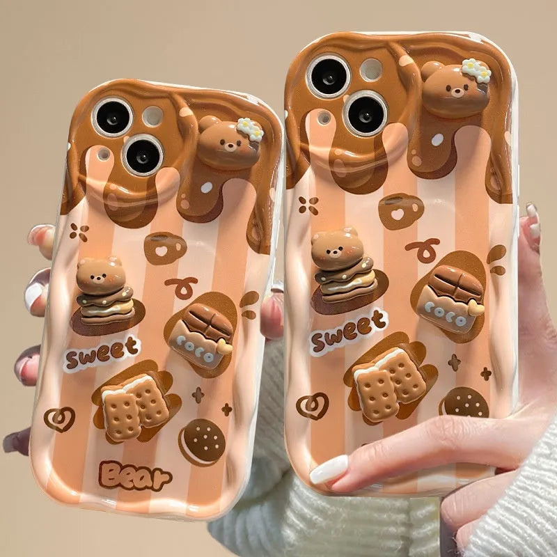 Silicone phone case with chocolate doll lanyard for Apple iPhone in cream pattern, anti-fall protection