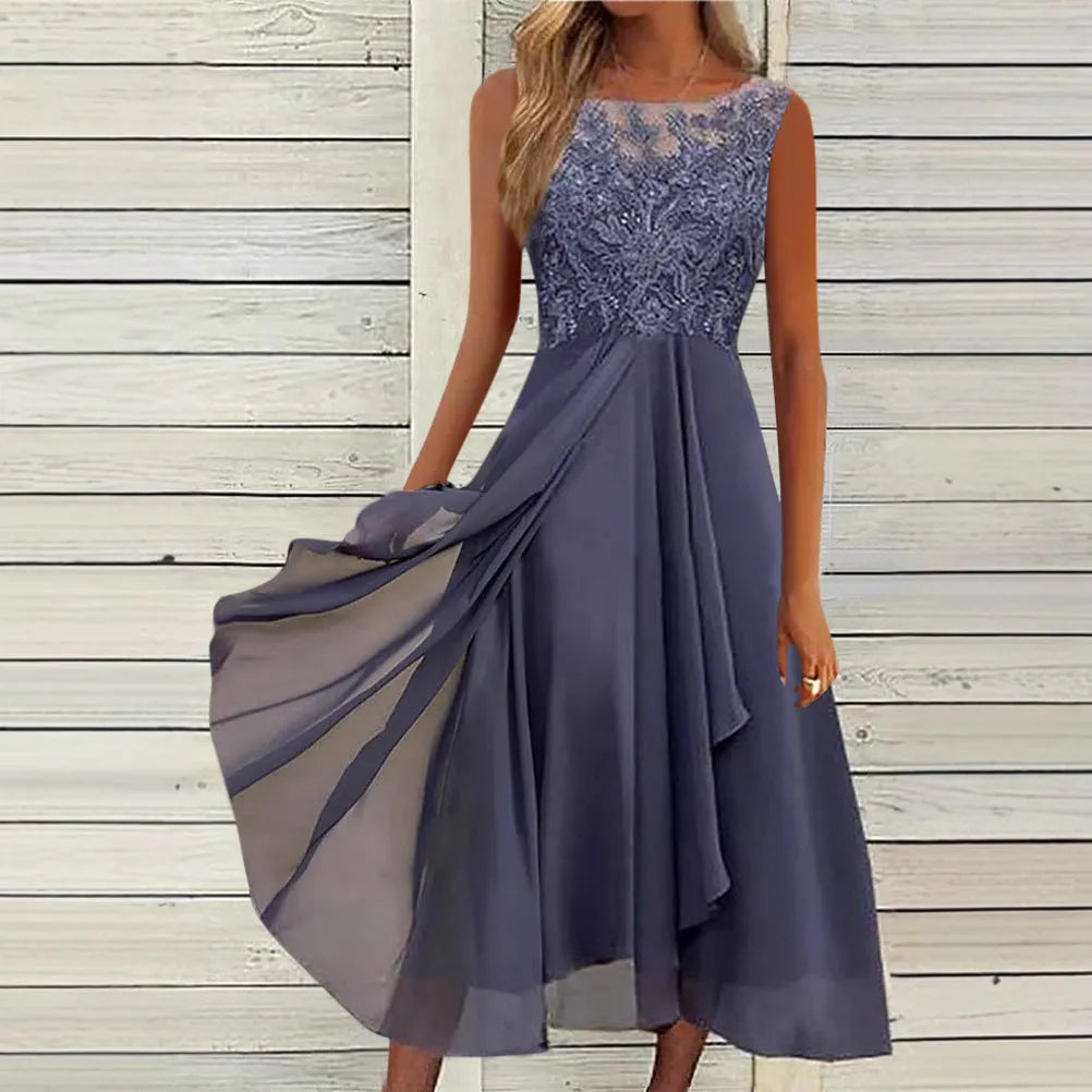 Women's sleeveless chiffon dress with lace hollow-out stitching in green, shown in a mid-length princess style.