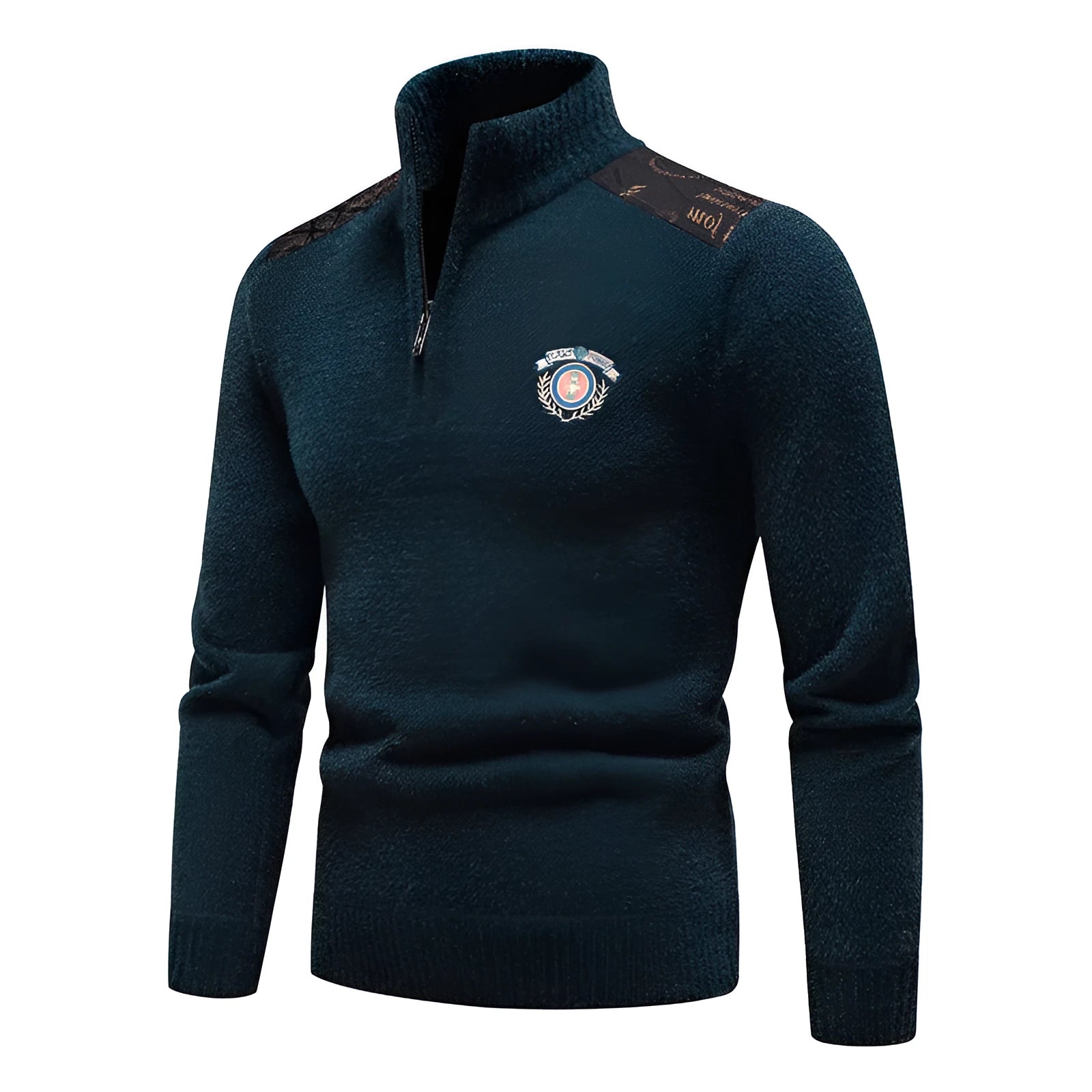 Men's velvet stand collar sweater in thickened fabric, shown in beige, dark grey, black, and navy blue colours.