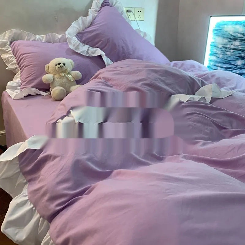 Mori style washed linen four-piece bedding set in a solid lace colour, showing quilt cover, sheet, and pillowcases.