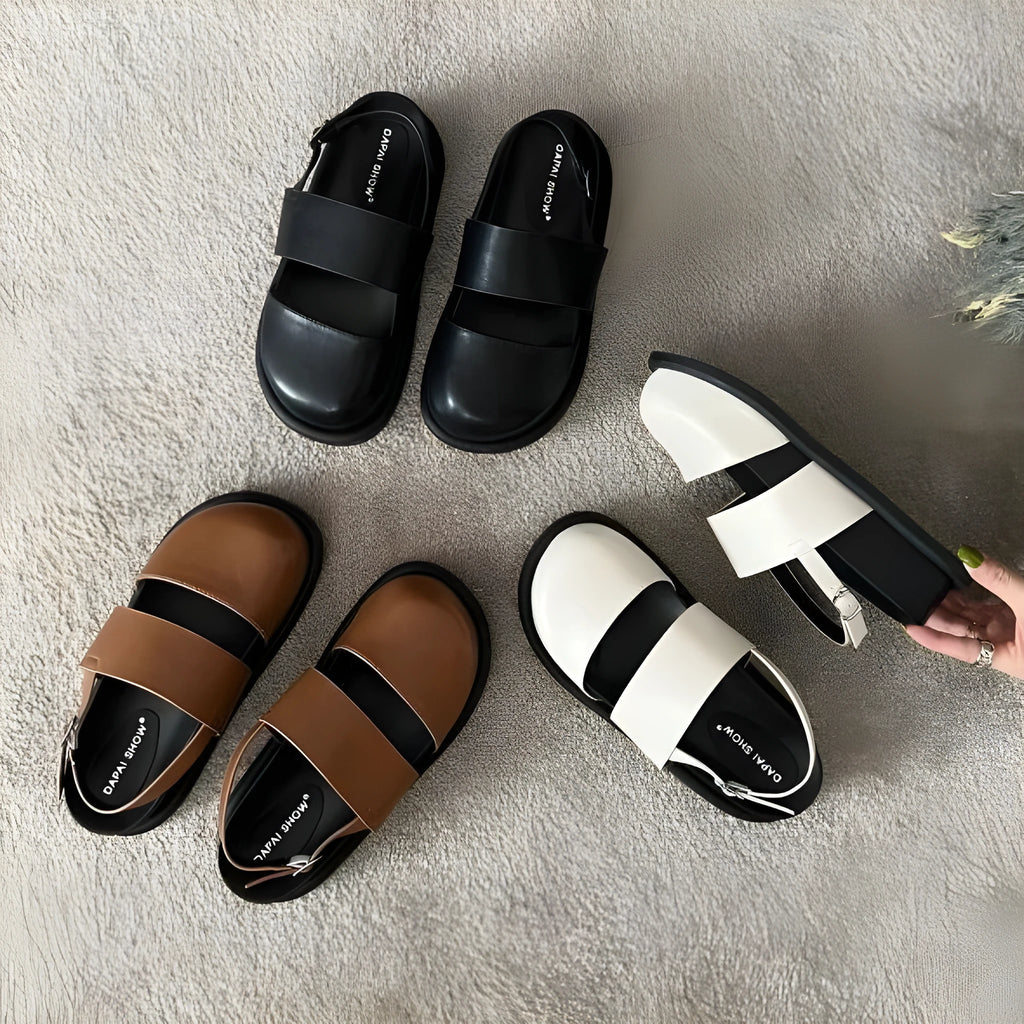 Retro raise-the-bottom closed-toe sandals with ankle-strap buckle in apricot colour