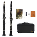 Black Bakelite clarinet with nickel-plated keys next to its protective carry bag.