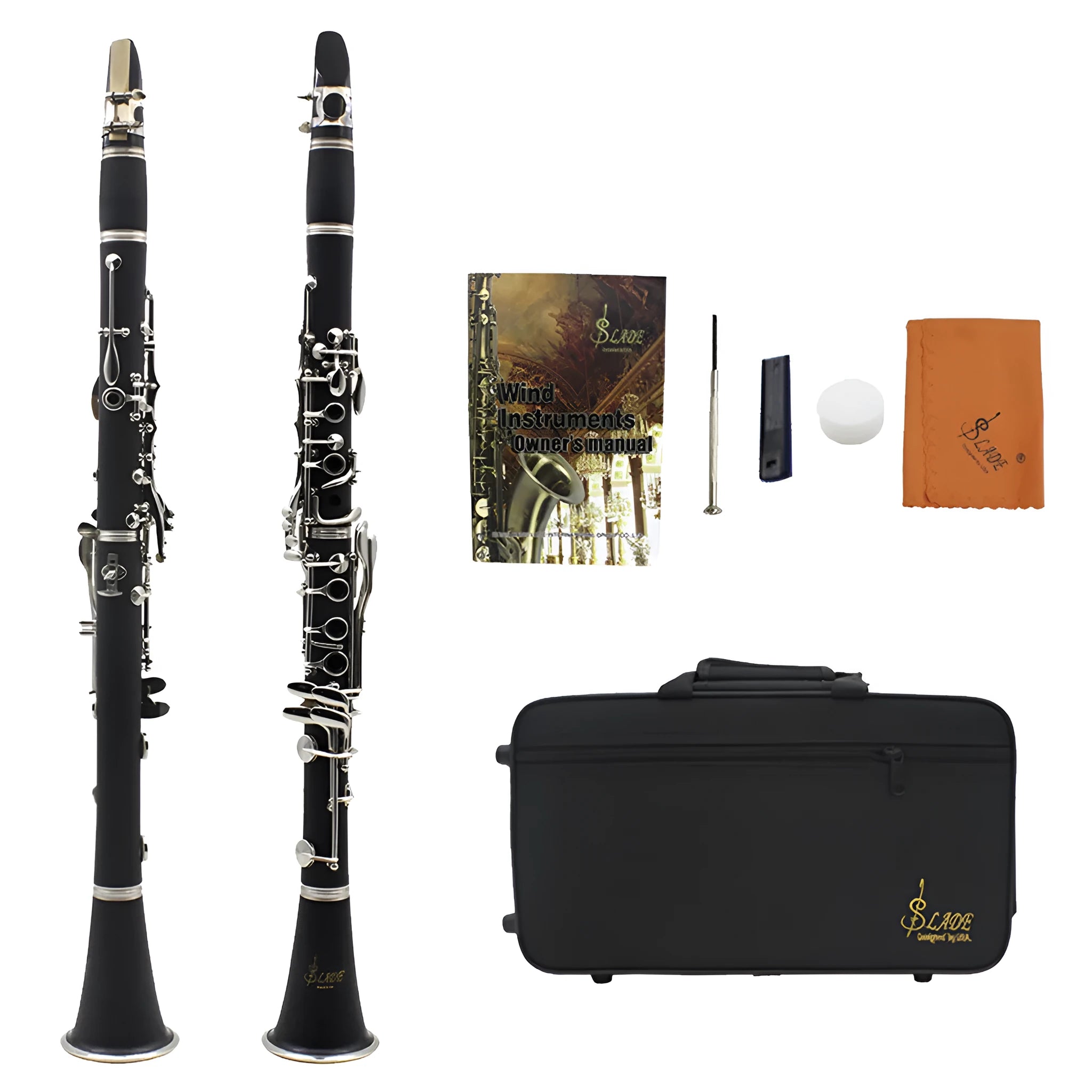 Black Bakelite clarinet with nickel-plated keys next to its protective carry bag.